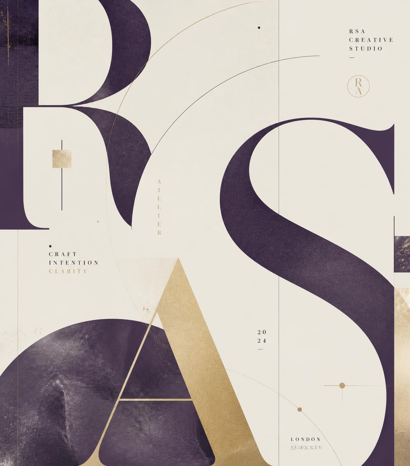Abstract typographic composition in ivory, deep violet and champagne created by the studio