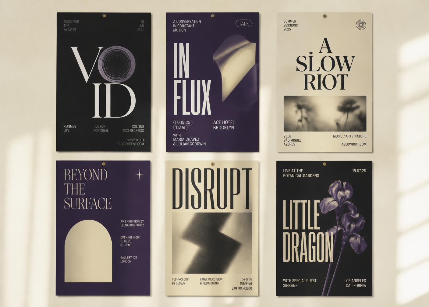 Six event posters pinned to a wall with bold editorial typography in charcoal, violet and champagne