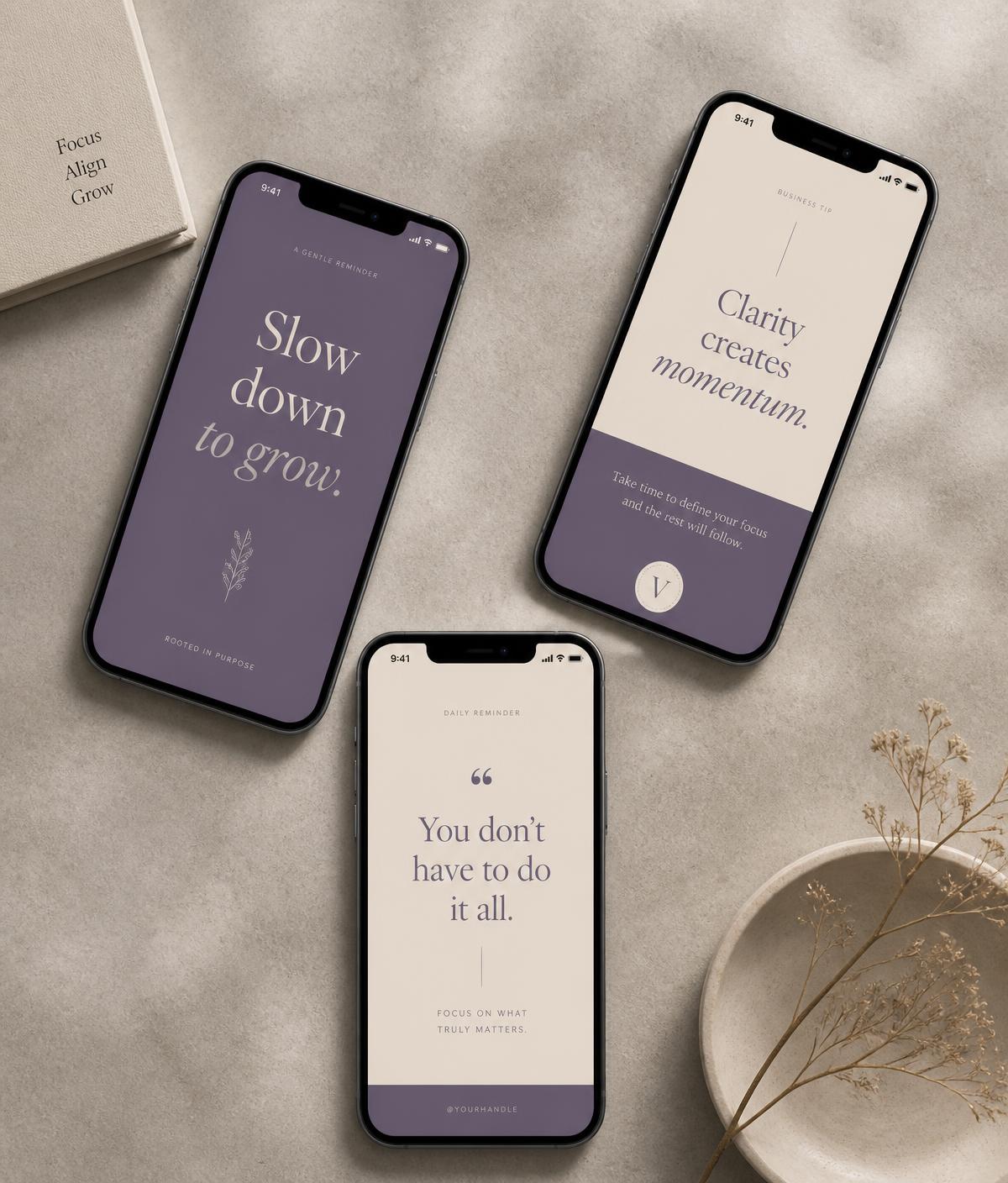 Three smartphones displaying elegant typographic social media post templates